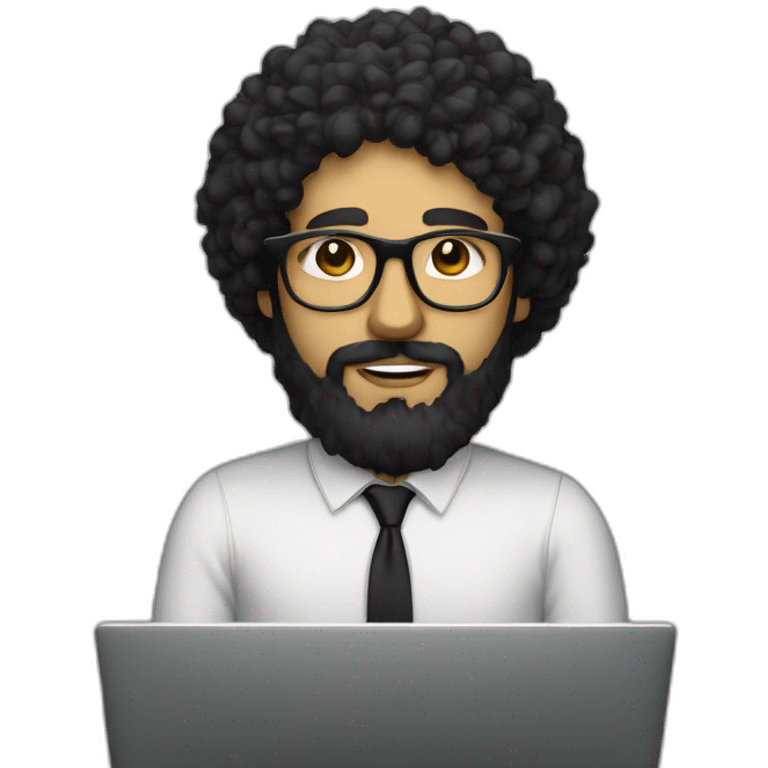 men with black curly hair and beard and golden glasses work hard on computer emoji