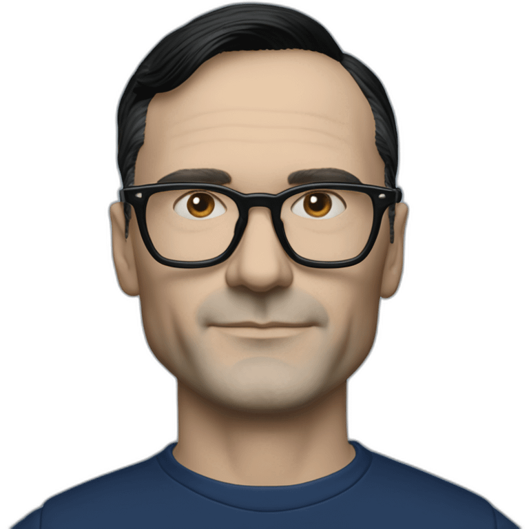 photo realistic Ralf Hutter from Kraftwerk, short straight black hair, black glasses, Dark Blue T-shirt, lean, in black tesla model 3 emoji