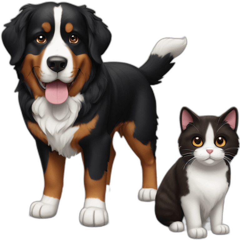 Bernese dog next to A brown and black cat without white emoji