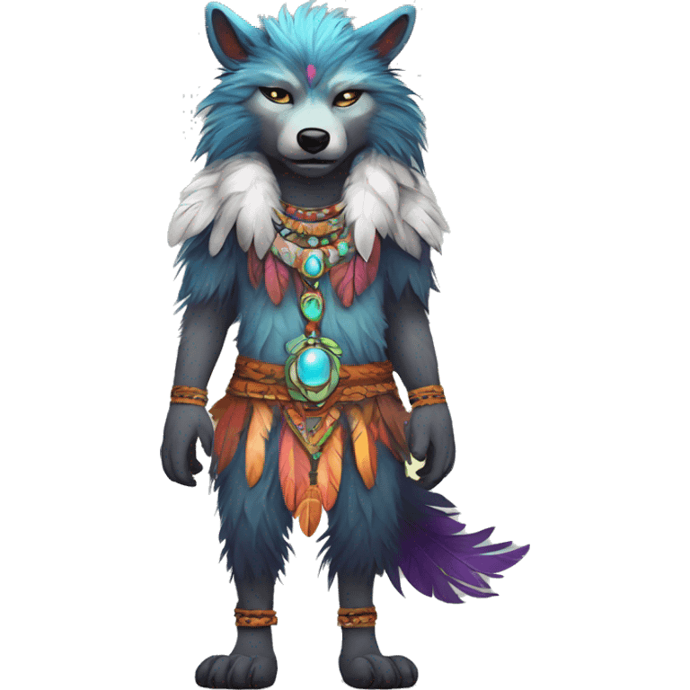 Fluffy Colorful Shy Spiritual Shamanic WereWolf With Shiny Tribal Markings wearing feathers Full Body emoji