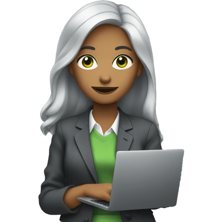 girl with gray hair, green eyes, in a suit with a laptop emoji