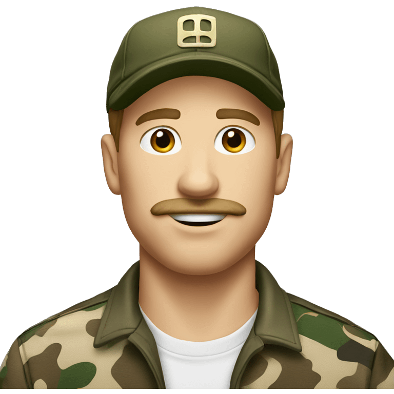 White man with brown hair, mustache, baseball cap and hunting camo shirt emoji