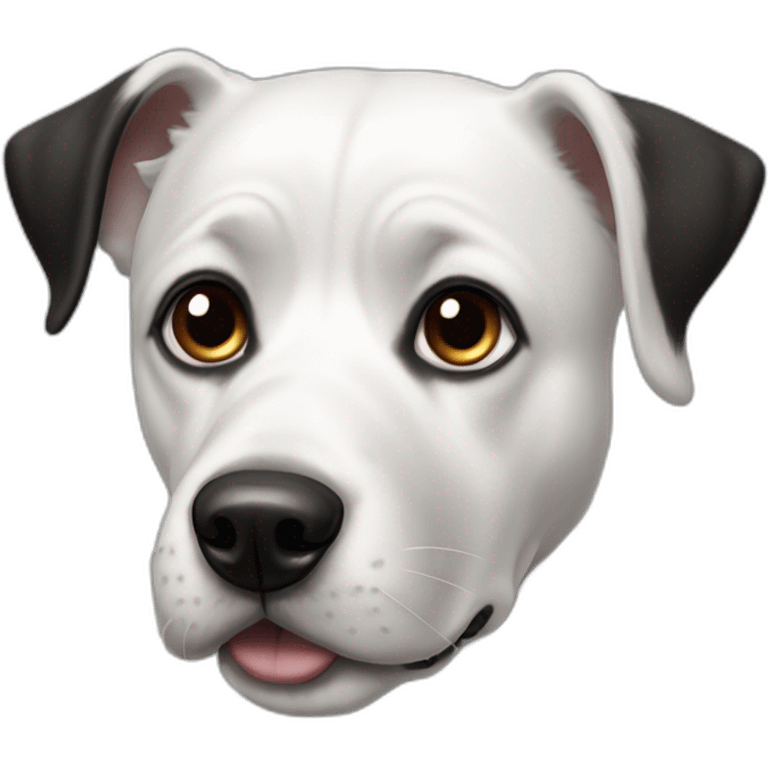 60 pound white and black dog with patch on right eye and one ear in attention emoji