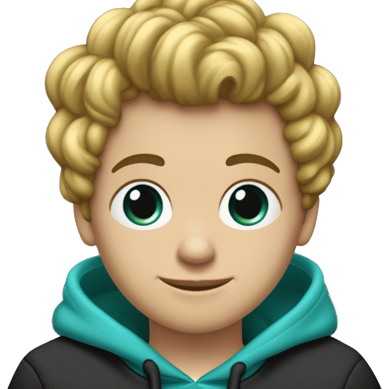 Garçon aux cheveux bouclés brun mèche de cheveux blanche à gauche yeux turquoises porte un sweat-shirt noir et trois piercings noir à l'oreille droite  emoji