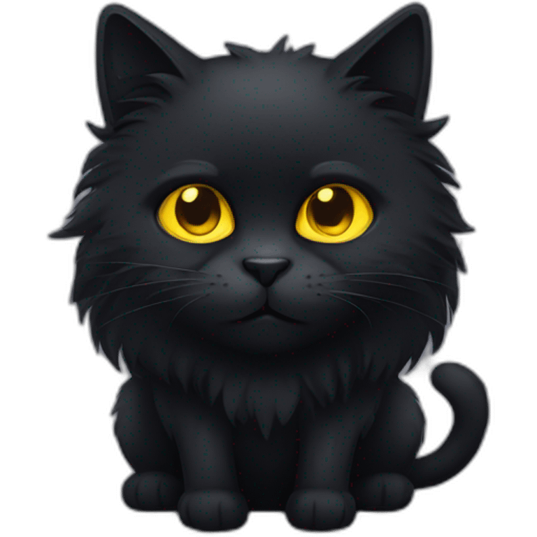 fluffy black cat with yellow eyes and unhappy face emoji