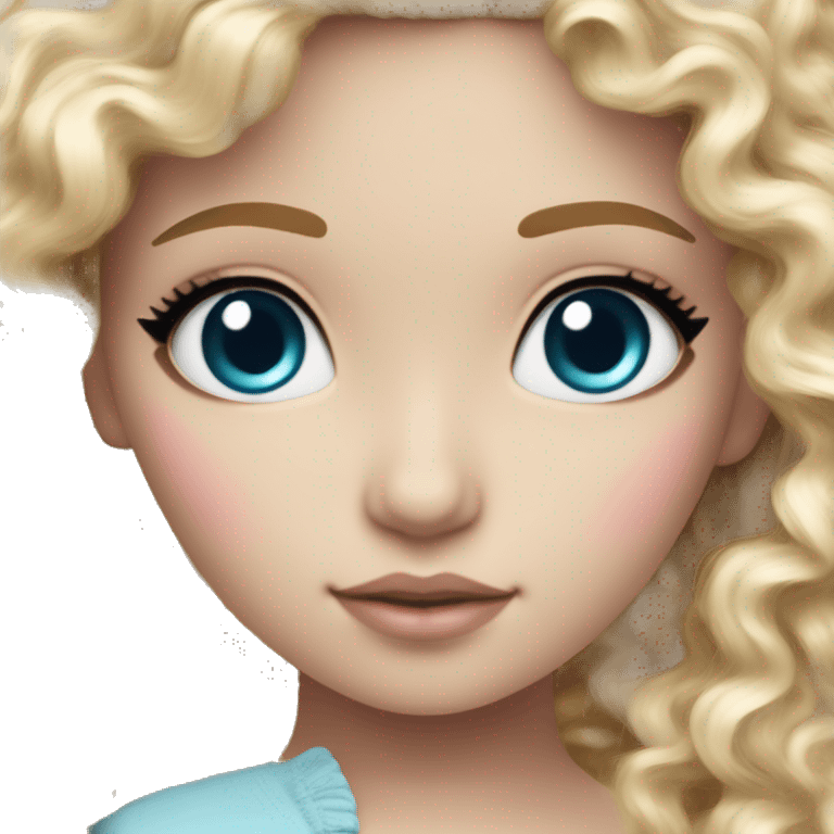 ocean blue doll eyes, blonde curly hair, feminine, pink, girl, angelic emoji