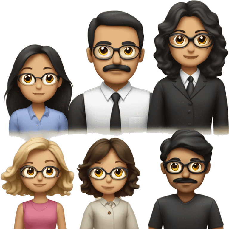 Familia de 4. Padre con lentes, bigote y cabello negro, moreno claro. Madre con Cabello negro largo y tez clara. Dos hijas, una con pelo rizado largo, otra con pelo largo lacio. Todos con ojos cafés emoji