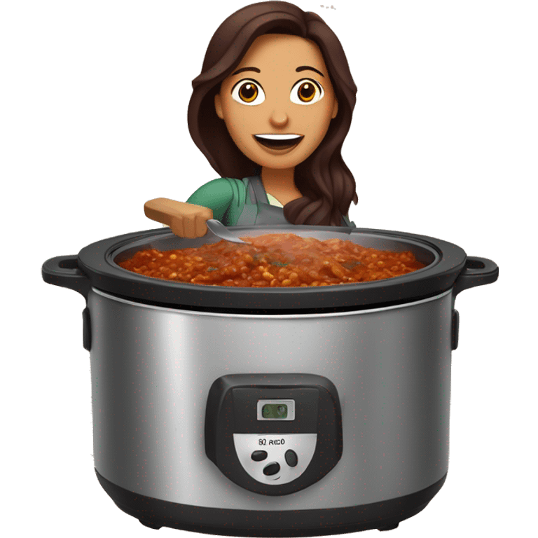 Dark red hair Mexican woman cooking Birria in a crock pot emoji