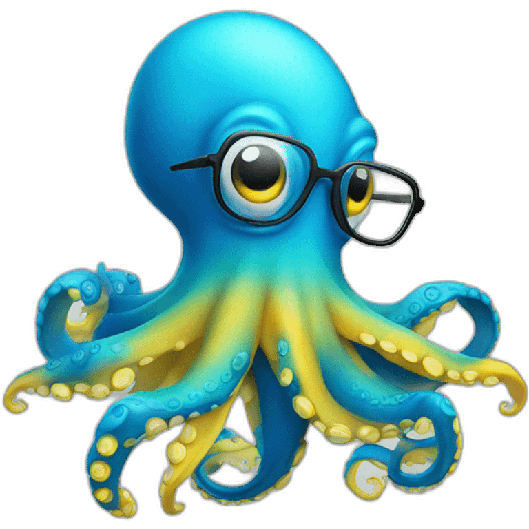 A smiling blue octopus with yellow under arms, blue coloured itself and round thin glasses emoji