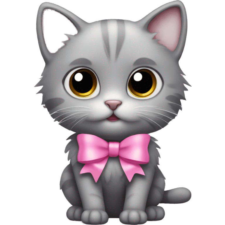 fluffy gray little cat with big eyes and a pink bow emoji