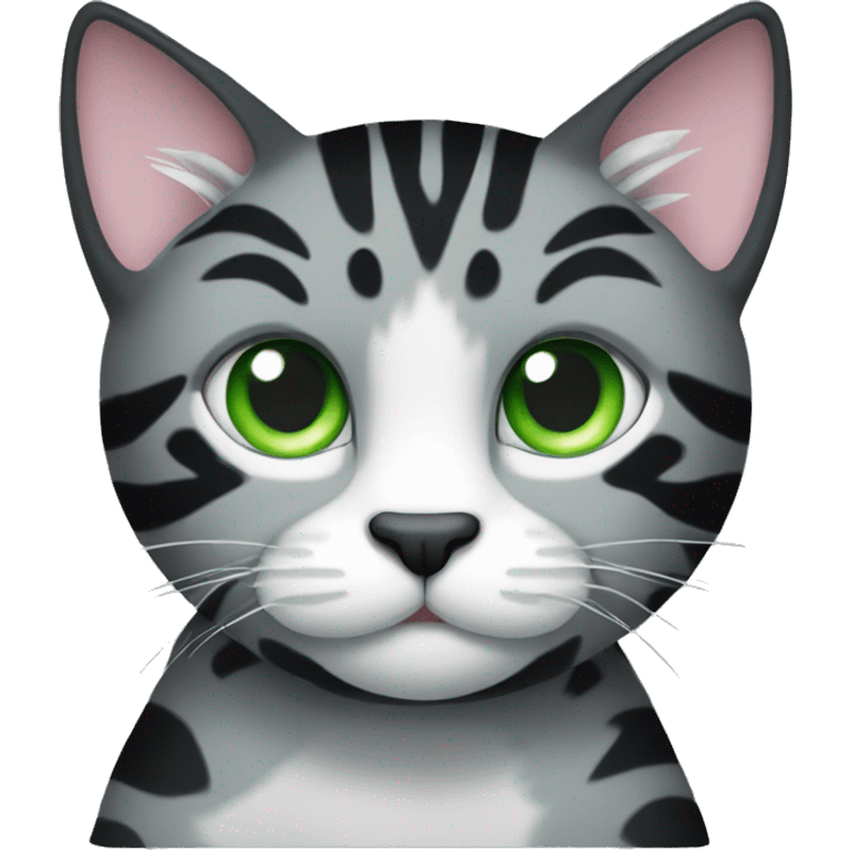 black cat with grey tiger stripe pattern and white chest / paws and green eyes emoji