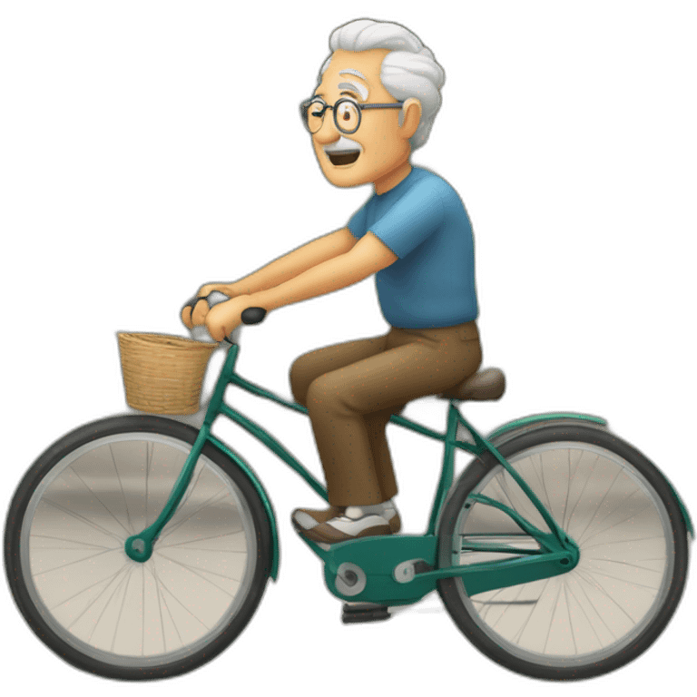 Abuelo muy gordo. sin barba. con una boina en la cabeza. pedaleando con una bicicleta antigua. con cara de cansado. emoji