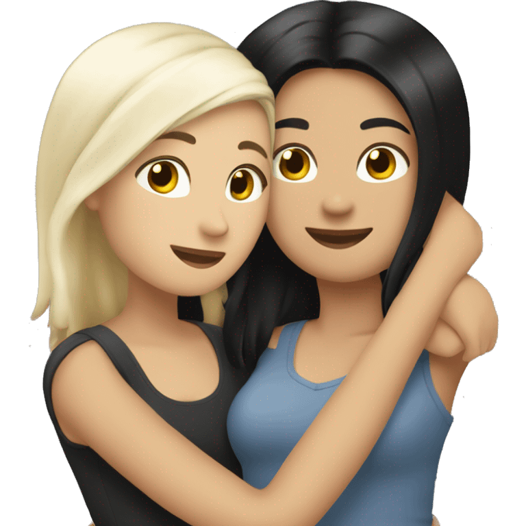 A lesbian couple that both have white skin and long black hair are hugging intimately, and romantically. emoji