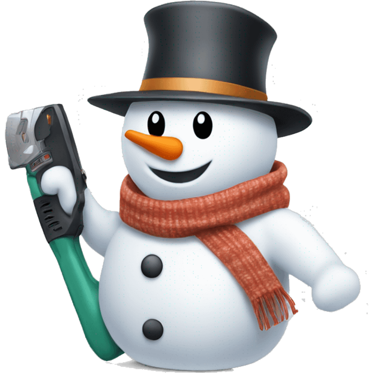 snowman with hat and scarf holding a powertool emoji