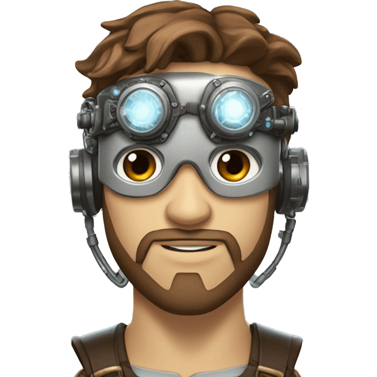 male cyborg head with brown short hair, brown beard, silver steampunk goggles and circuitry emoji