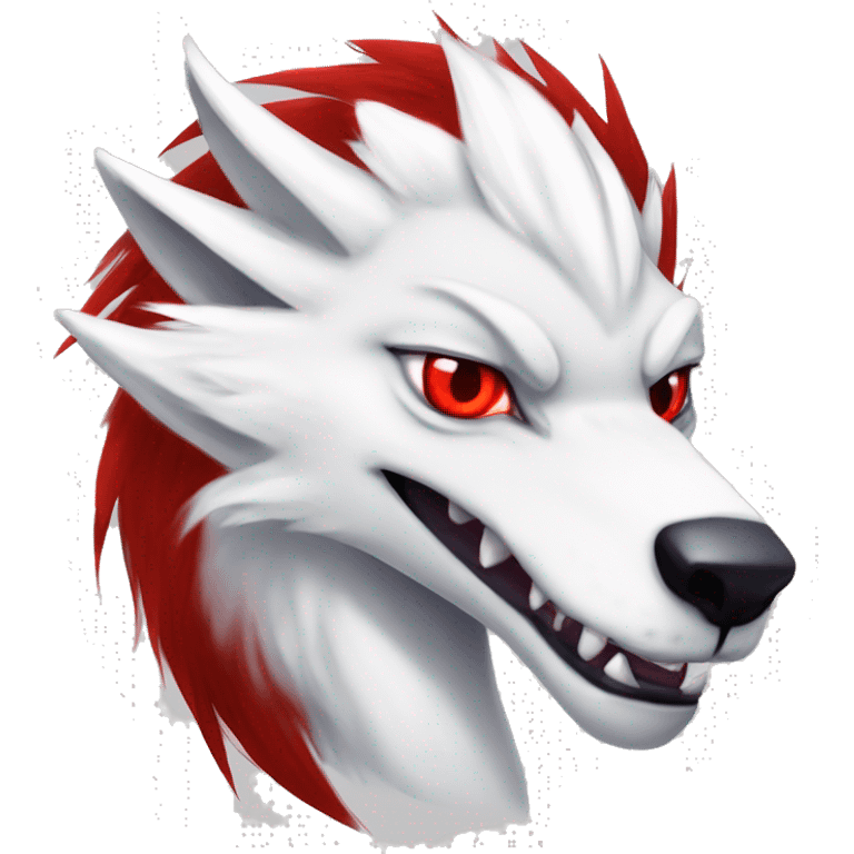 White edgy cute badass epic anthro modern albino sergal-vernid-Fakémon with red mane and red eyes, full body emoji