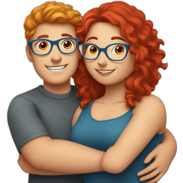 a boy and a curvy girl with red hair and blue glasses hugging emoji