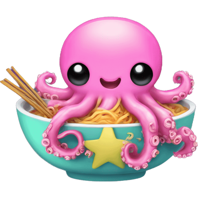 Kawaii neon star glitter octopus eating ramen emoji    emoji