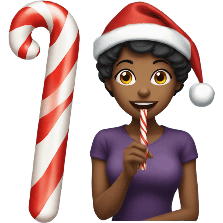 Black woman with short black hair and a Santa hat on, eating a candy cane emoji