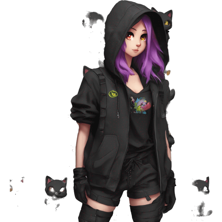 Edgy Anthro cool shy colorful urban beautiful pretty anime Black cat-Pokémon-fursona techwear cargo pants hoodie emoji