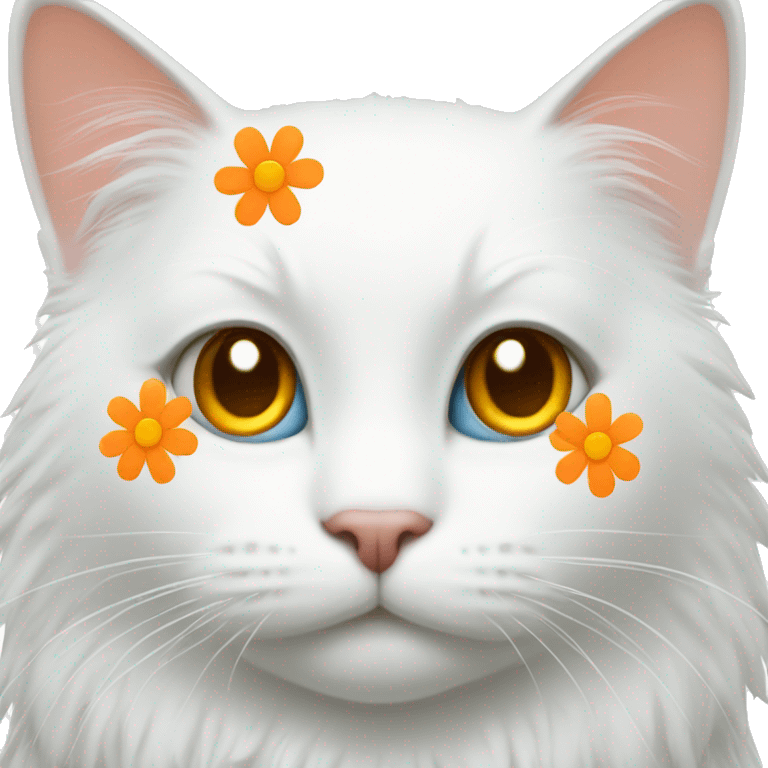 white cat with orange patches wearing a daisy emoji