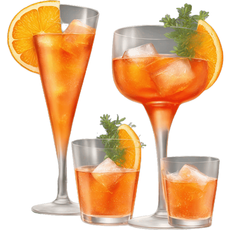 An Aperol spritz in a glass with three ice cubes, one slice of an orange, and one strand of thyme in it emoji