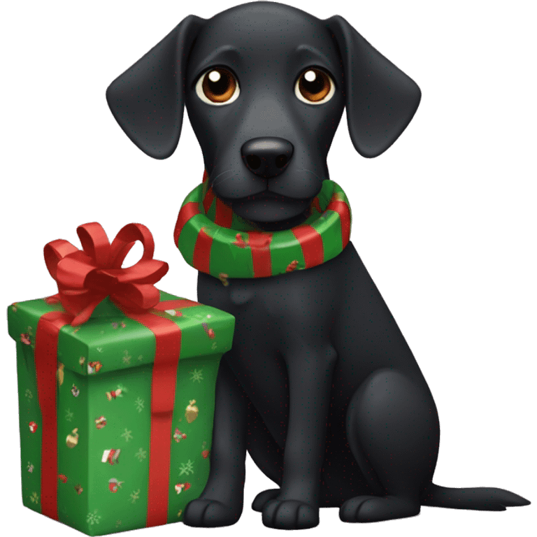 Black dog wrapped in Christmas wrapping paper  emoji