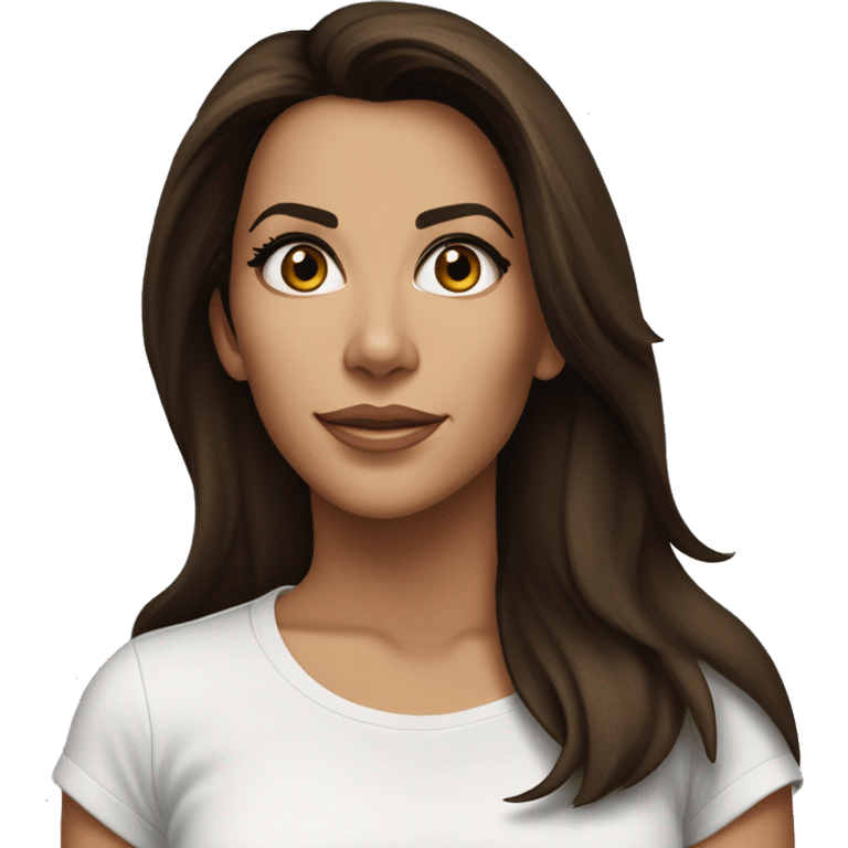 3/4 face, contrasted, shadow, light, Eva Longoria expression, standing, thin nose, brunette woman, hazel eyes, long eyelashes, dark shoulder shaded hair, white t-shirt, jeans, white sneakers emoji