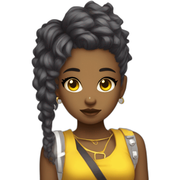 cute punk girl in yellow dress dark skin with yellow eyes and dark curvy hairs drummer anime style emoji