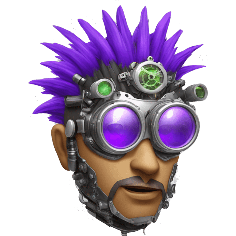 Purple mohawk cyborg head with silver steampunk goggles, goatee and circuits emoji