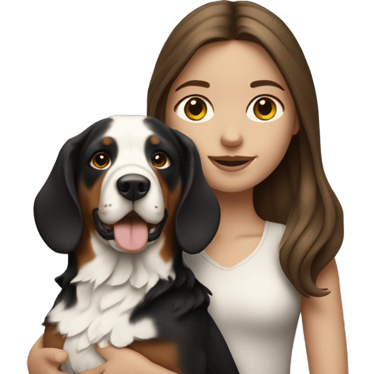 pale girl with long brunette hair holding a swiss mountain dog emoji