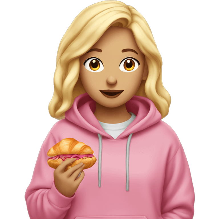 A blonde girl wearing an oversized pink hoodie is eating a croissant. emoji