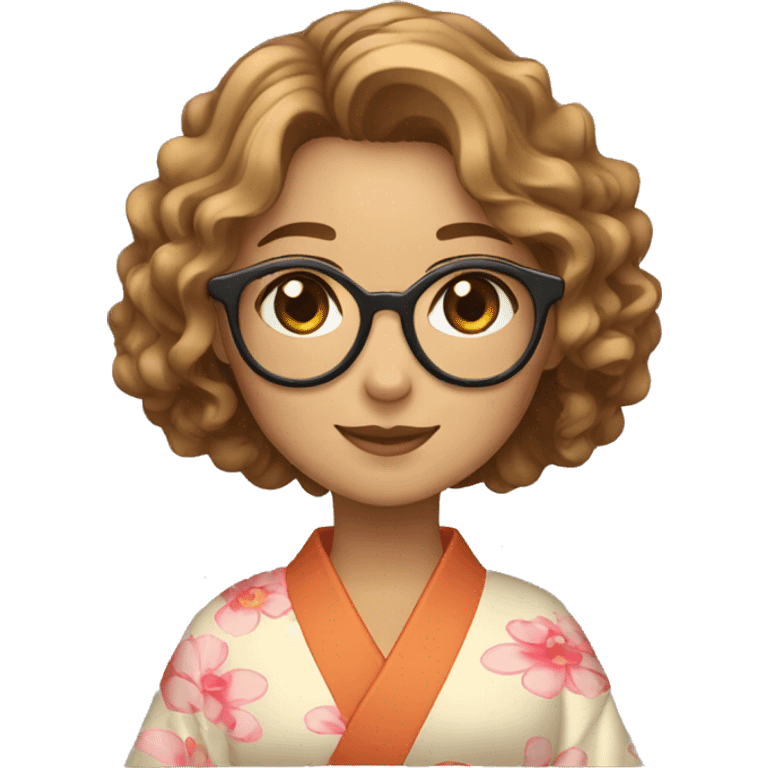 create an emoji of a girl with wavy hair, down to her shoulders, in light brown, with glasses, smiling and in a kimono emoji