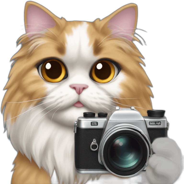 calico persian cat taking a picure using a film camera emoji