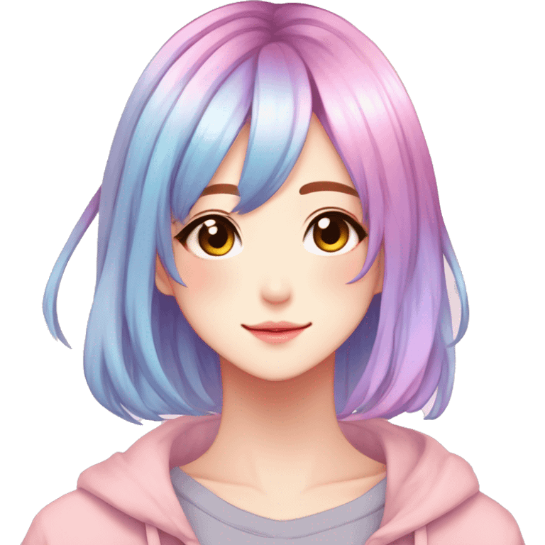 Gorgeous anime style shojo character with blushing face aesthetic and pretty colorful shiny gradient pastel hair with hair garment trending style emoji