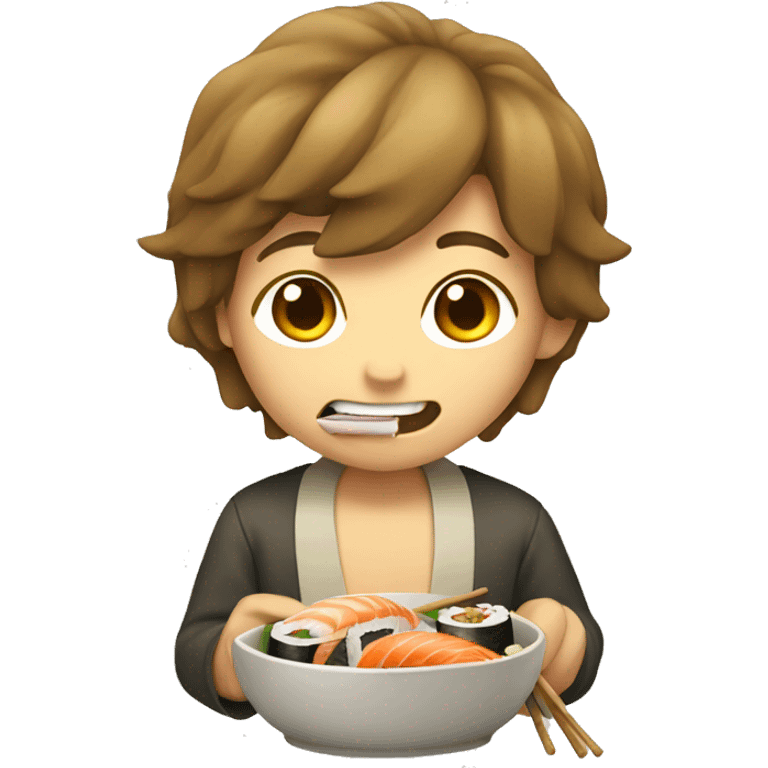 A boy with long hair happily eating sushi emoji