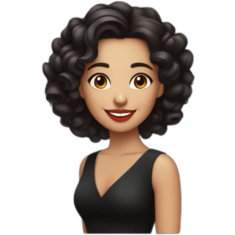 young moroccan woman with dark brown eyes, dark long curling hair with lighter extrimity, red lips, big smile, black dress emoji