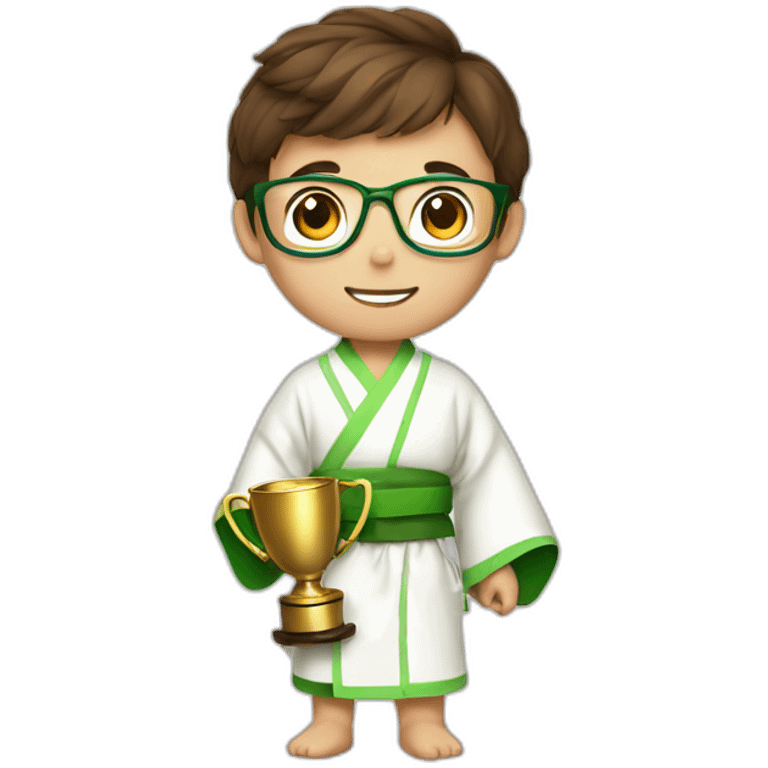 a 12-year-old boy with brown hair and glasses with a prize cup in his hands in a white kimono with a green belt emoji