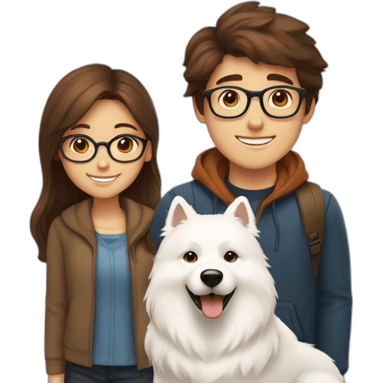 girl with half long brown hair, a boy with short brown hair and glasses, and a happy samoyed emoji