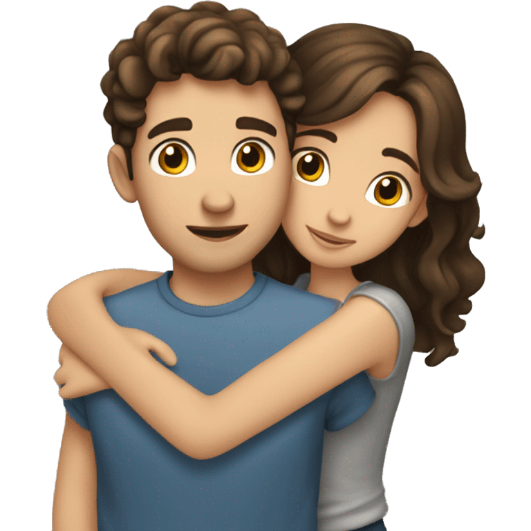 Brunette girl with wavy hair hugging brunette boy lovingly couple emoji