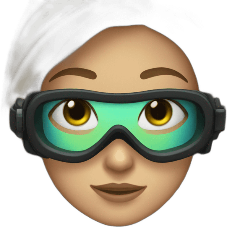 woman with black scubadiving gear with fins, in her face green and blue eyes emoji