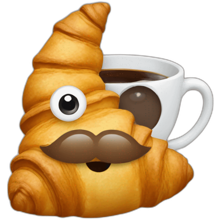 A croissant with eyes, mouth and a mustache that drinks a cup of coffee emoji