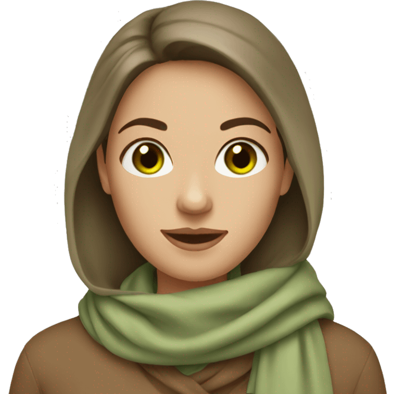 A woman with green eyes brown hair wearing beige scarf  emoji