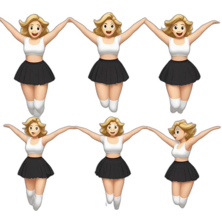 full-body-caucasian-curvy-beauty-jumping-short-black-skirt-back-and-front-views-strong-wind-knickers-long-white-socks emoji