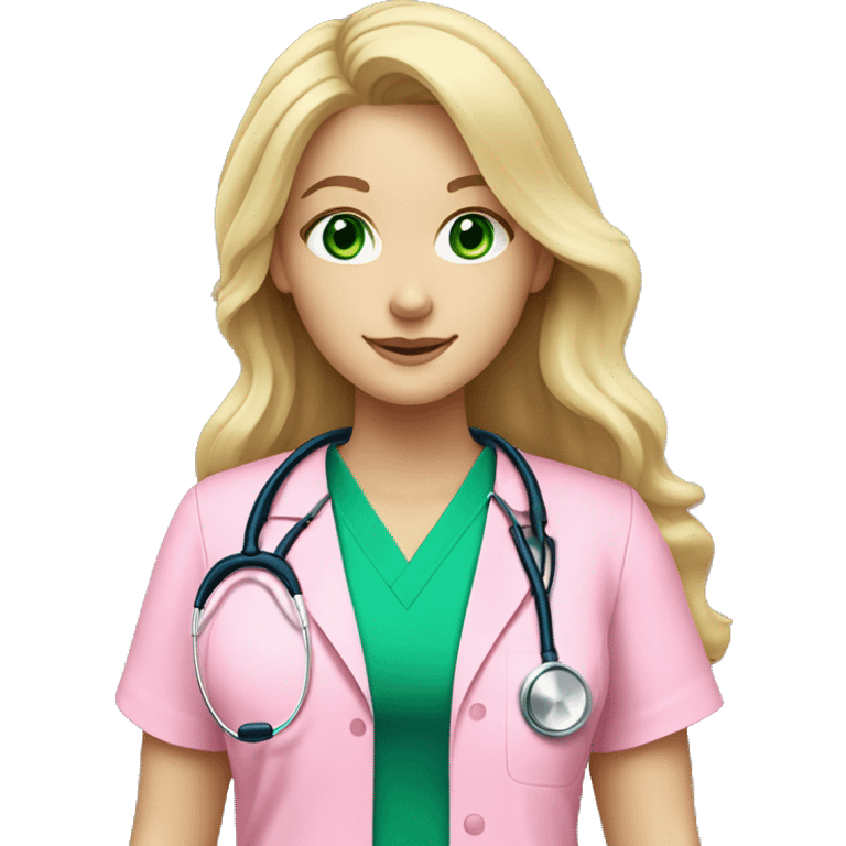 pale blonde girl with long wavy hair and green eyes wearing pink scrubs and stethoscope  emoji