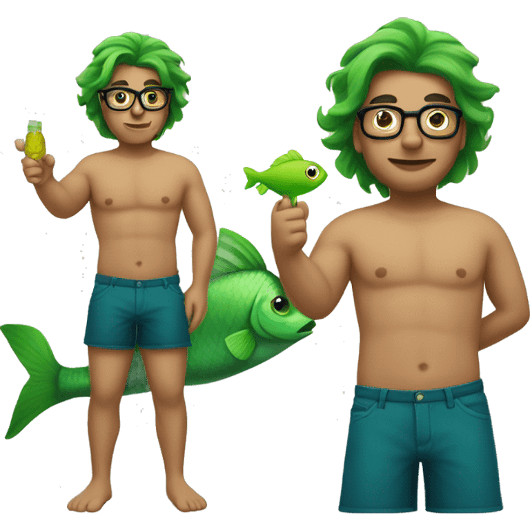 Shirtless man with bottom half of body a green fish tail. He is wearing glasses emoji