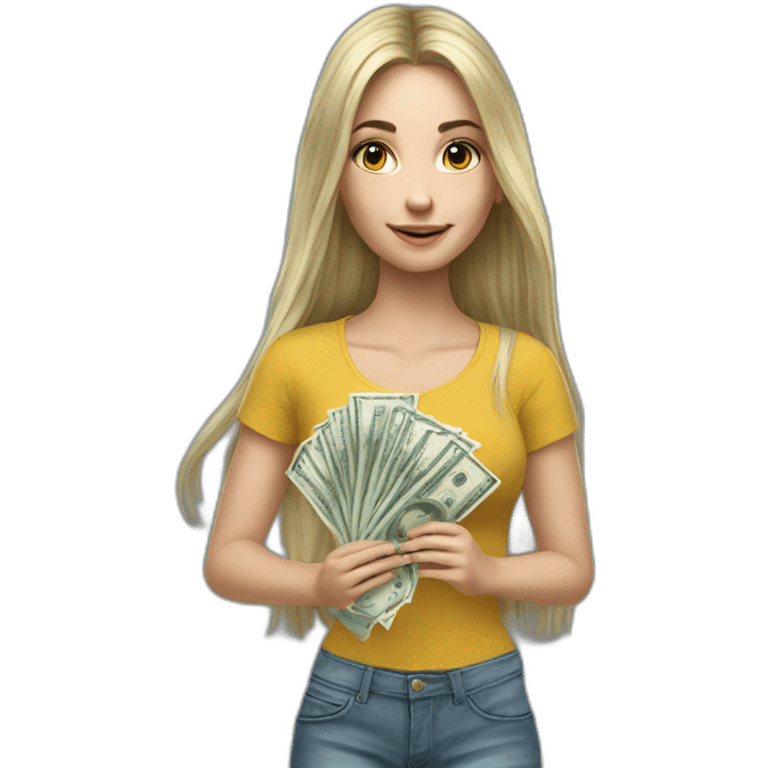 hyperrealist caucasian girl black long hair holding money emoji