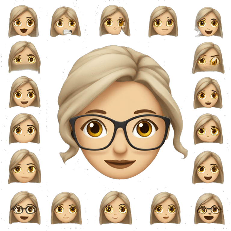 mujer blanca, cara cuadrad cabello teñido castaño claro, lunar de lado izquierdo de la boca ojos mediano, nariz chata mediana, labios pequeños, lentes  emoji