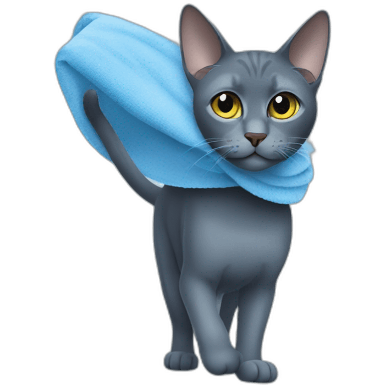 darker russian blue cat walks with blue towel on his mouth emoji