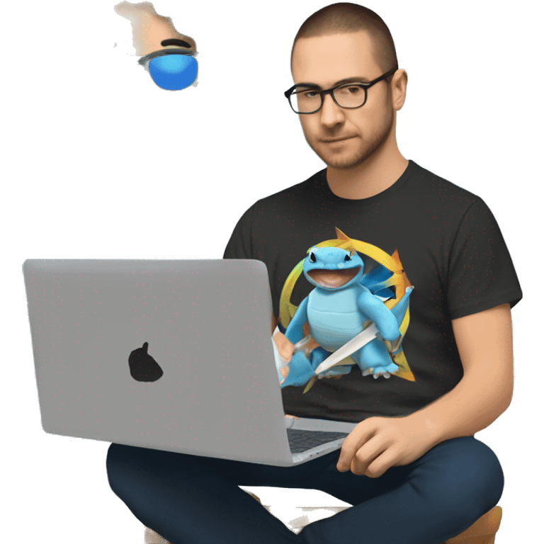 a colombian software engineer wearing a t-shirt with the band metallica. the engineer is writting on a laptop. next to the engineer is a squirtle pokemon that is his pet emoji